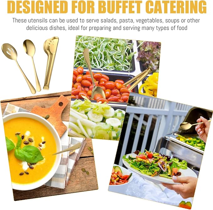 Sabary 36 Pcs Stainless Steel Serving Utensils for Buffet Parties Including 12 Serving Spoons 12 Slotted Spoons 12 Serving Tongs Large Metal Flatware Set for Tanksgiving Catering Banquet(Gold)
