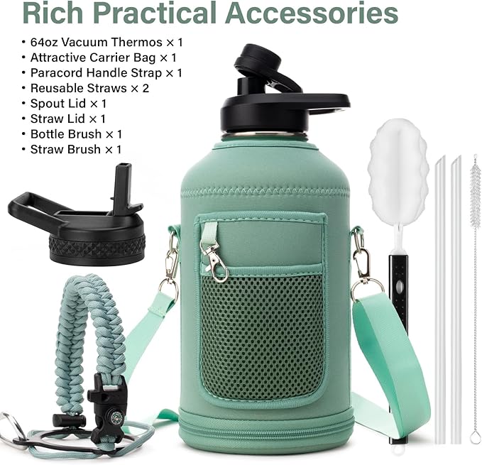DYSANKY Insulated Water Bottle | Thickened Stainless Steel Vacuum Metal | Portable Sports Half Gallon Large Water Jug for Gym and Hiking with Straw, Carrier Bag, Handle Strap | BPA-Free 64 oz