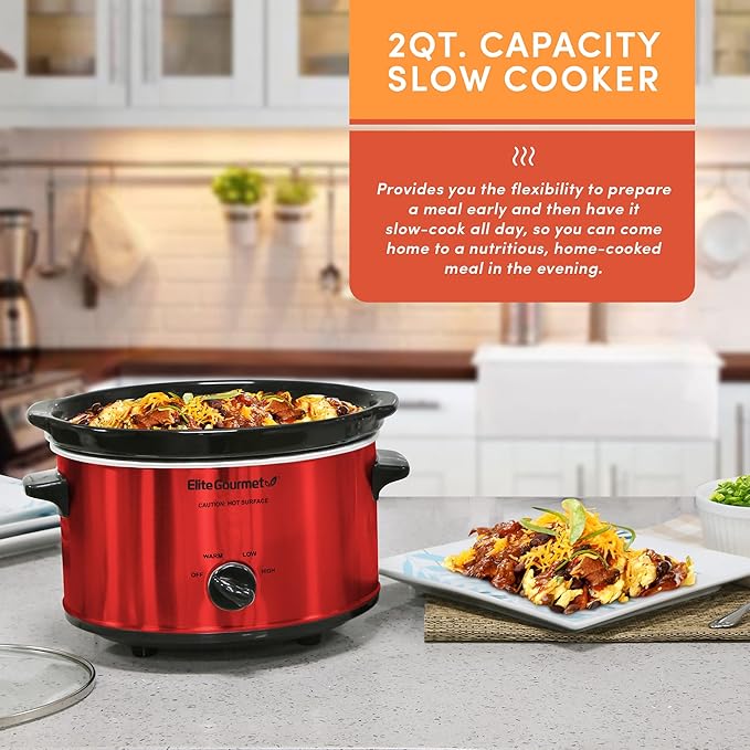 Elite Gourmet MST-275XR# Electric Oval Slow Cooker, Adjustable Temp, Entrees, Sauces, Stews & Dips, Dishwasher Safe Glass Lid & Crock (2 Quart, Metallic Red) (Pack of 4)