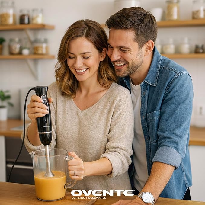 OVENTE Immersion Hand Blender Set, 300W Electric Handheld Stick Mixer, 2 Mixing Speeds with Stainless Steel Blades, Egg Whisk, Beaker & BPA-Free Food Chopper, Black HS565B