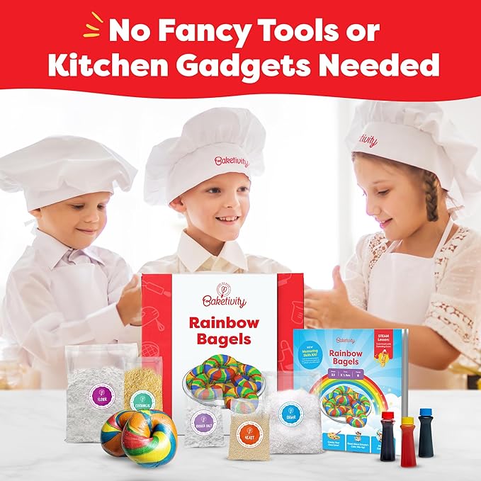 Baketivity Rainbow Bagel Kids Baking Kit - Baking Kits for Kids with Premeasured Ingredients, Step-By-Step Instructions, Video Guide, and STEM Lessons - Cooking for Ages 6-12+