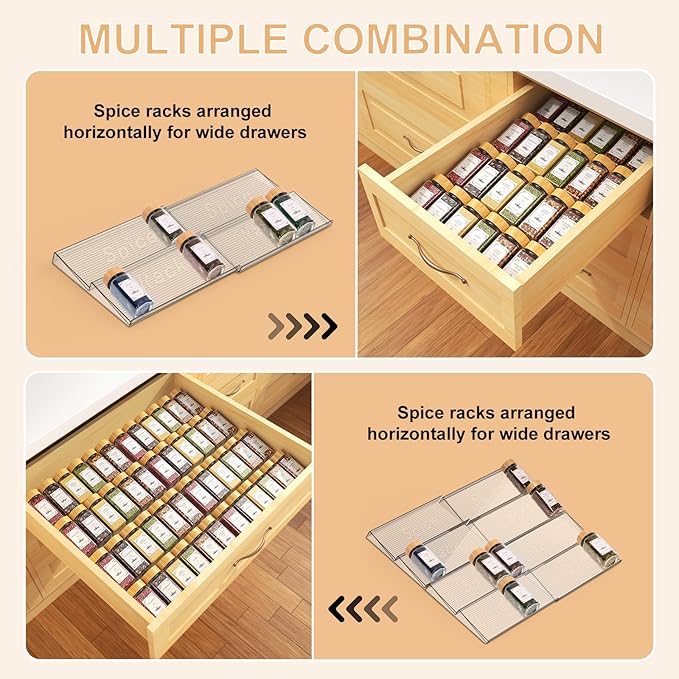 24 Spice Jars with Spice Drawer Organizer, 355 Spice Labels, 2 Pack Expandable From 11'' to 21'' Acrylic Spice Rack for Drawer, Seasoning Containers Storage Organization for Kitchen Cabinet Countertop