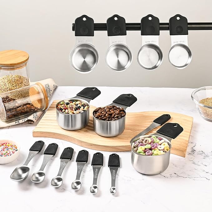Smithcraft Magnetic Measuring Cups & Spoons Set 15, Stainless Steel Measuring Cups and Spoons Set, Heavy Duty Metal Measuring Cup & Spoon with Leveler & Measure Equivalents for Cooking & Baking