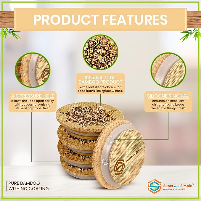 Mandala Bamboo Oui Yogurt Jar Lids – 4 Pack | Reusable Bamboo Tops for Yoplait Oui Glass Jars | Airtight Oui Yogurt Jar Covers with Silicone Seal | Replacement Lids for Oui Yogurt Storage Containers
