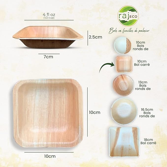 Raj Disposable Palm Leaf Bowls (25 Count, 4" Square Bowls) Strong Bowl Like Bamboo Party Bowl - Decorative Compostable Tableware for Lunch, Dinner, Birthday, Outdoor, BBQ, Picnic.