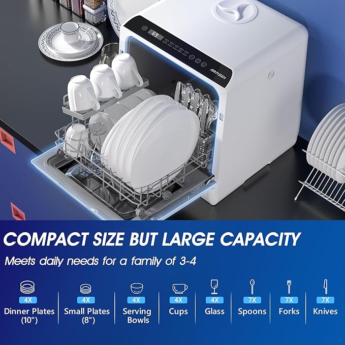 AIRMSEN Portable Countertop Dishwashers, 5 Washing Programs Mini Dishwashers with 5 L Built-in Water Tank and Double-layered Glass Door, No Hookup Needed for Home, Apartments & RVs