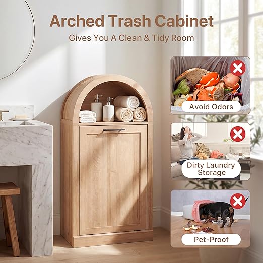 Seang Arched Tilt-Out Trash Can Cabinet,Laundry Hamper Cabinet with Foldable Laundry Basket,Wooden Hidden Garbage Can Cabinets with Metal Handle & Hooks,Natural