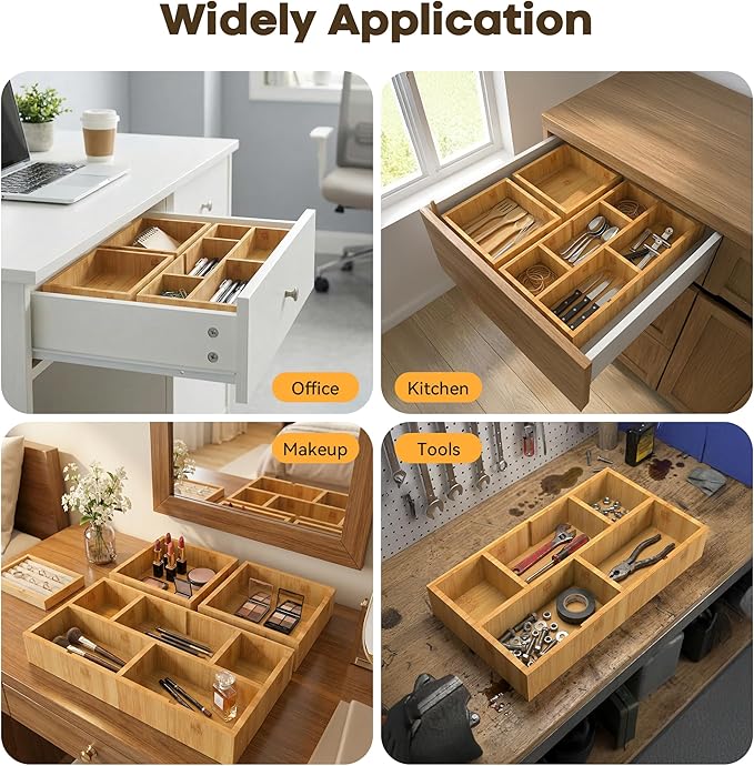 KOCWELL Bamboo Desk Drawer Organizer with Removable Dividers,Multi-Use Office Drawer Organizer Tray,Junk Drawer Organizers for Office,School,Kitchen,Makeup Supply（Original）