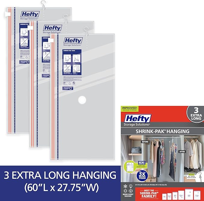 Hefty Hanging Compression Bags 3 Extra Long Vacuum Garment Storage Bags for Clothes, Travel, Closet Organization (60 X 27 Inches) (X-Large)
