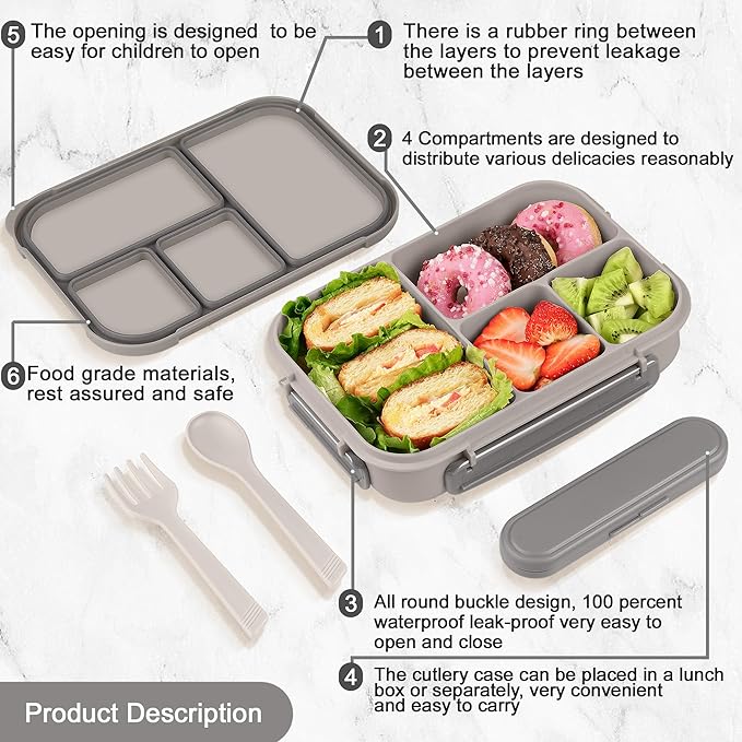 Amathley Lunch Box Kids,Bento Box Adult,Leakproof Lunch Containers for Adults/Kids/Toddler,1200ML-4 Compartments bento Lunch box with Utensil,Microwave & Dishwasher & Freezer Safe (White)
