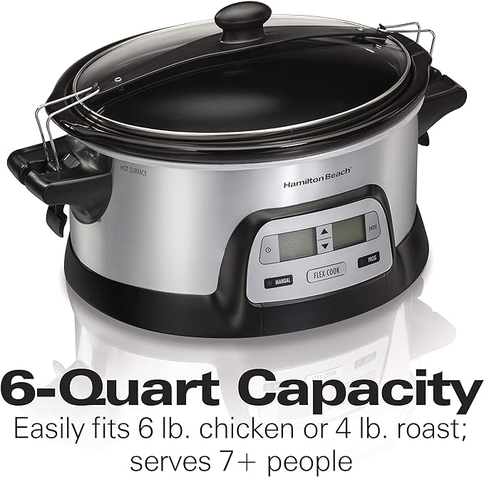 Hamilton Beach 33861 Portable Programmable Slow Cooker, Dishwasher Safe Crock, 6 Qt, FlexCook Dual Digital Timer/2 Heat Settings, Lid Lock for Easy Travel, Silver