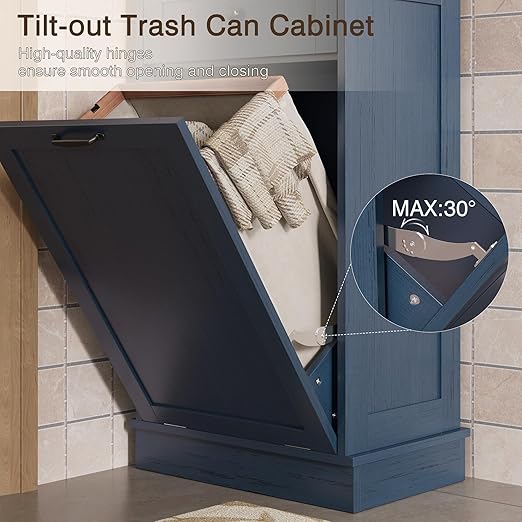 KIGOTY Tilt Out Trash Can Cabinet Trash Bin Cabinet with Hideaway Drawer Hidden Wooden Kitchen Garbage Can, Pet Proof Trash Can Holder for Kitchen (Blue-Brown)