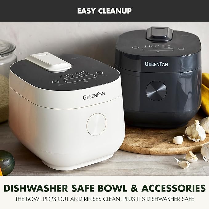 GreenPan Rice Cooker, 8 Cups Cooked (4 Uncooked), Low-Carb & Soup Mode,10 ONE-TOUCH Cooking Presets, PFAS-Free Ceramic Steamer Basket, Fuzzy Logic, Auto Keep Warm, Oats, 24HR Delay Timer, Graphite