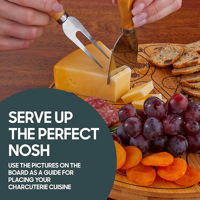 Hammer + Axe Premium Serving Bundle - Rotating Bamboo Charcuterie Serving Tray with Food Labels & 3 Cheese Tools| Acacia Wood Cheese Board with Knife & Fork| Dinner Party & Housewarming Gift Set