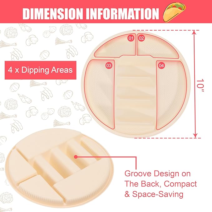 LUVCOSY 10'' Large Disposable Taco Plates, 3-Taco & 4-Sides, Biodegradable Cornstarch Taco Holder, Big Size Fit Soft & Hard Tortilla, Sturdy & Microwave Safe, Bar Serving Set For A Party- 60 Pack