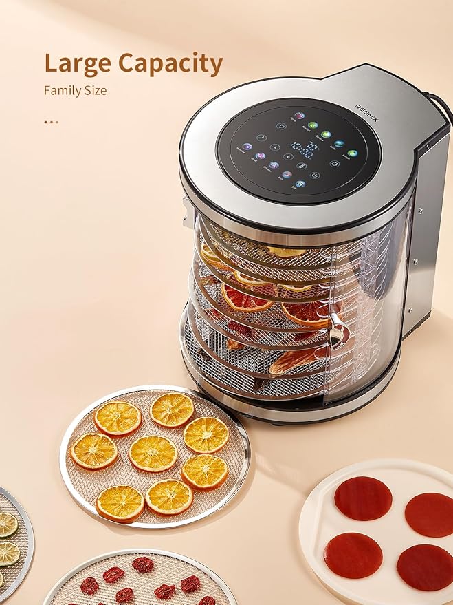 Reemix Food Dehydrator, 10 Tier Stainless Steel Rotating Trays, 850W Dryer for Beef Jerky, Fruits, Vegetables, Dog Treats, Clear View & Touch Control, 10 Presets & Custom, Easy-Clean