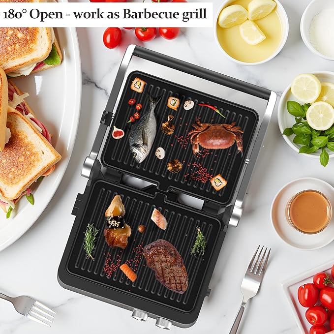 Panini Press,4 Slices Contact Grill with Removable Non-Stick Coated Grill and Flat Plates,Panini Makers with Temperature Control and Timer,Open 180 Degrees,Grill and Griddle (Half black with sus)