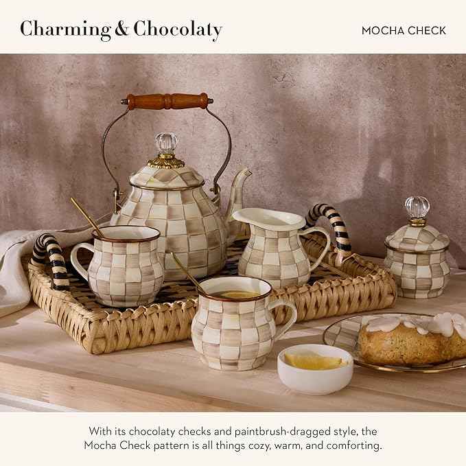 MACKENZIE-CHILDS Enamel Salt and Pepper Shakers, Kitchen Table Spice Shaker Set, Brown-and-White Mocha Check, Large