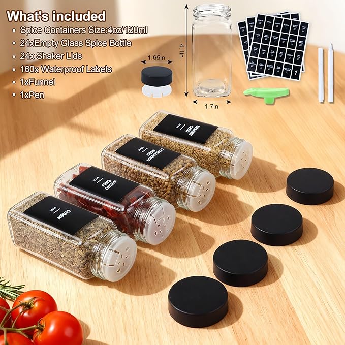 24Pcs Spice Jars Containers with Labels，4oz Black Seasoning Bottles with Shaker Lids for Rack, Cabinet, Drawer,Empty Square Condiment Pots (24, Black)
