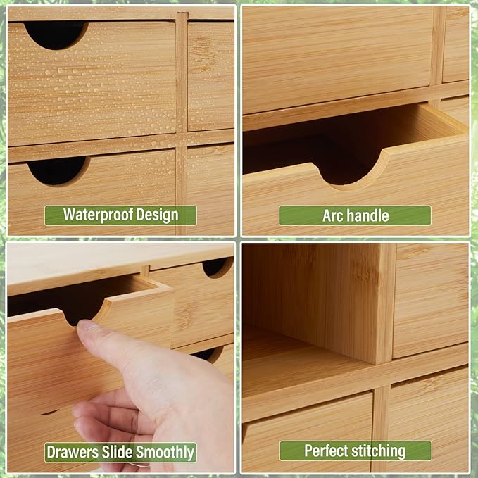 Bamboo Desk Organizer 4 Drawers, Countertop Organizer with Drawers Makeup Storage Drawer 4 Drawers Tabletop Storage Organization Box Home Office Workspace