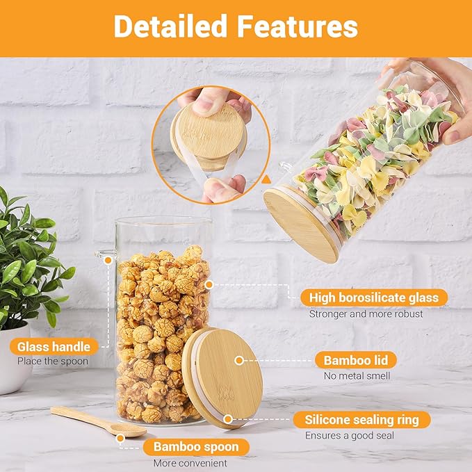 Glass Jars with Bamboo Lids and Spoon - 2 Pack 44 Fl.oz Round Pasta Storage Containers with Airtight Lid, Includes Labels, Marker and Brush, Large Kitchen Pantry Canisters for Rice, Noodles