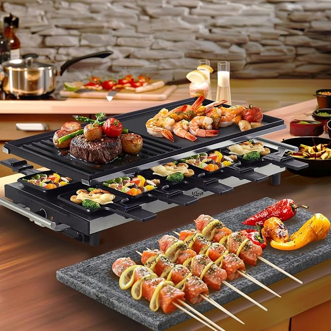 Artestia 1500W Large Size Raclette Cheese Grill Adjustable Temperature Korean BBQ Grill, Cheese Raclette with Grill Stone and Food-Grade Ceramic Glaze Reversible Aluminum Plate for Parties Family