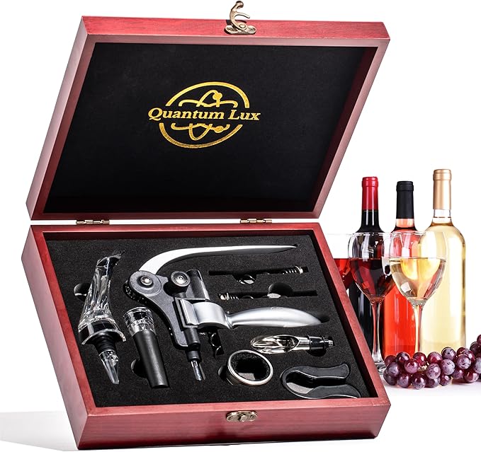 Wine Bottle Opener Set with Accessories Matte Silver in Wood Box, Aerator, Extra Screws, Foil Cutter, Pourer, Vaccu Stopper, Winged Wine Opener, Rabbit Red Wine Corkscrew Set (Matte Silver)