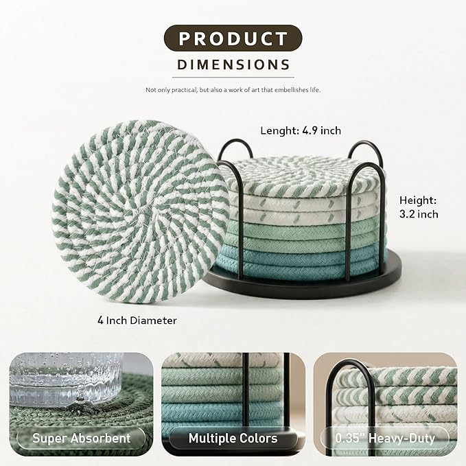 Lazebox Coasters Set of 8 for Drinks, 4 Inch Large Coasters for Coffee Table, Tabletop Protection for Hot & Cold Drinks, Versatile Coasters for Home Decor, Non-Slip & Easy to Clean