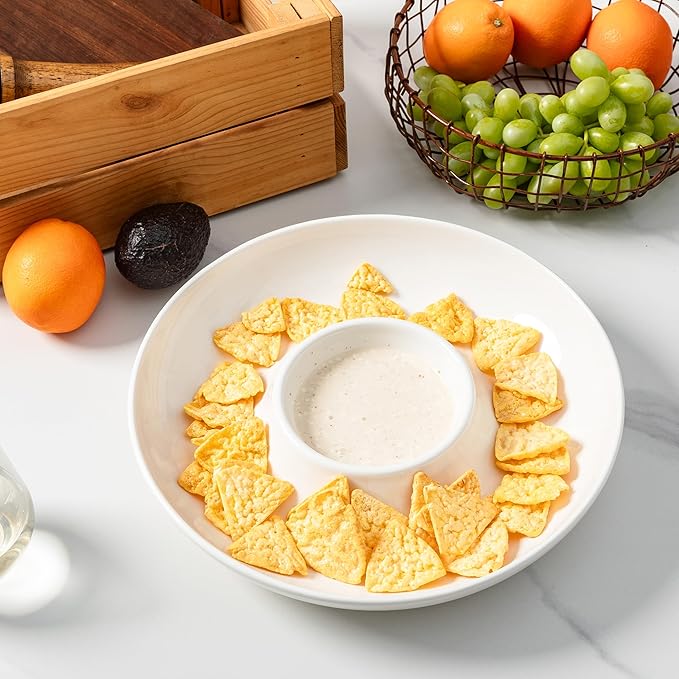 LEHAHA Ceramic Chip and Dip Serving Set, 12 Inch Large porcelain Divided Bowls Set for Salsa, Veggies, Dip, Appetizers, Snacks, Candy, Fruits-Relish Trays for Parties and Entertaining, White