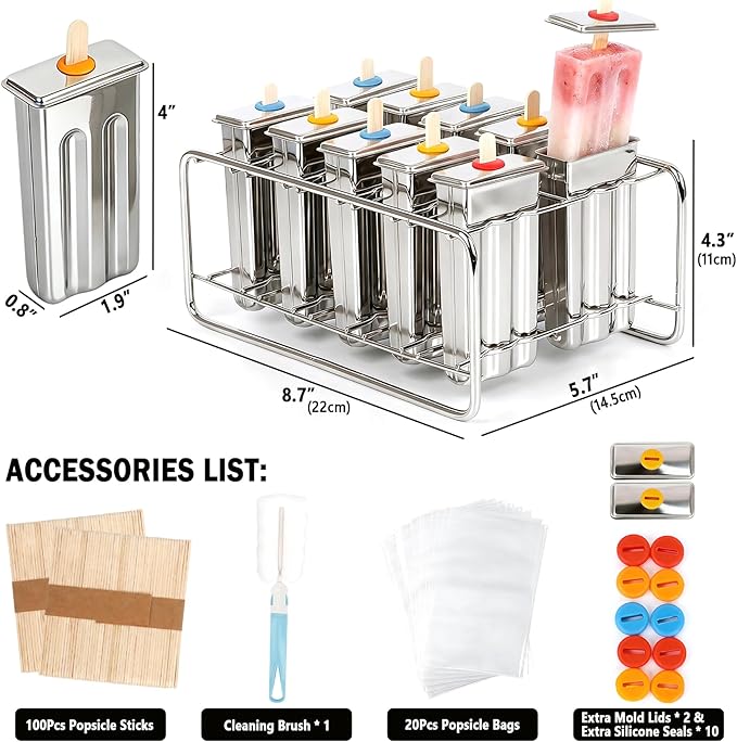 Popsicle Molds Set 10 Pieces Stainless Steel Popsicle Maker, Homemade Popsicle Molds with 100 Sticks, 20 Bags, 22 Silicone Seals, 1 Cleaning Brush & 1 Stand, Ice Pop Mold Maker for Kids (Square)