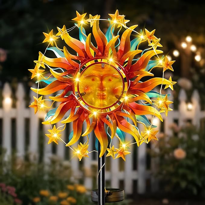 60.3" Solar Wind Spinner Outdoor Metal Sun Kinetic Sculpture – Dual-Sided Garden Spinner with Waterproof LED Vine Lights, Rust-Proof Yard Art Decor for Patio, Lawn & Pathway