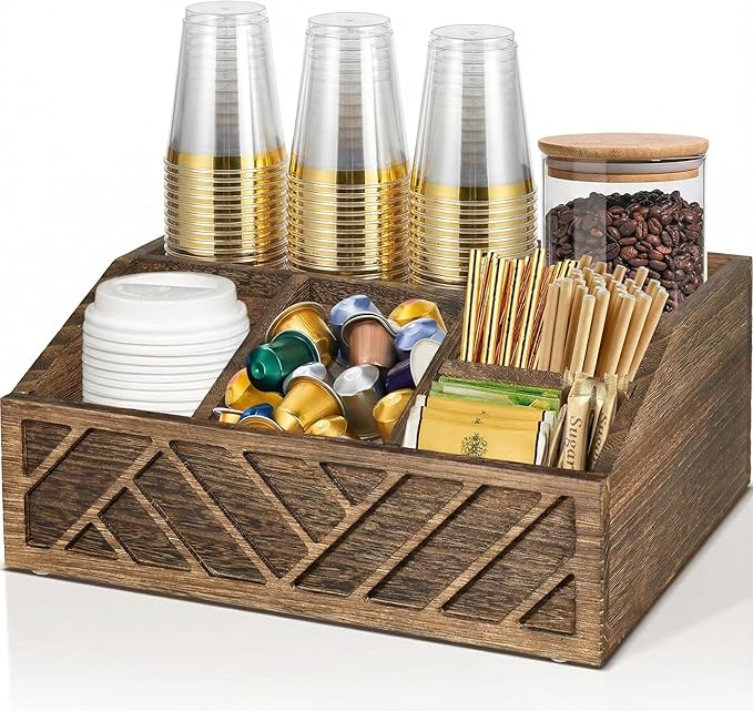 ugiftt Coffee Station Organizer for Counter, Wood Pods Holder Storage Basket, Tea Condiment Storage Organizer, Rustic Coffee Bar Decor for Accessories Organizer