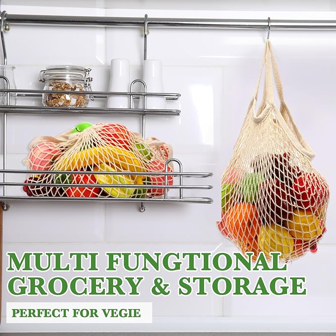 Woanger 24 Pcs Reusable Cotton Mesh Produce Shopping Bags Washable Grocery Net Portable Fruit and Vegetable Cotton String Bags Long Handle Net Tote Organizer(Short Handle)