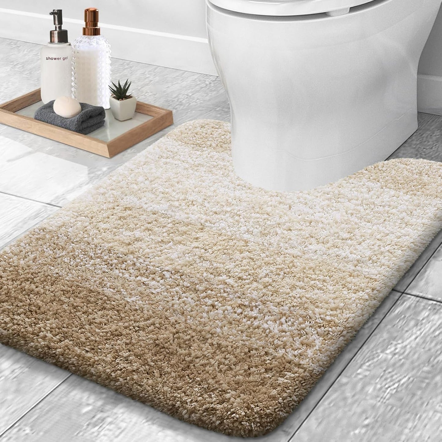 OLANLY Luxury Toilet Rugs U-Shaped 24x20, Extra Soft and Absorbent Microfiber Bathroom Rugs, Non-Slip Plush Shaggy Bath Mat, Machine Wash Dry, Contour Bathroom Mats for Toilet Base, Tan