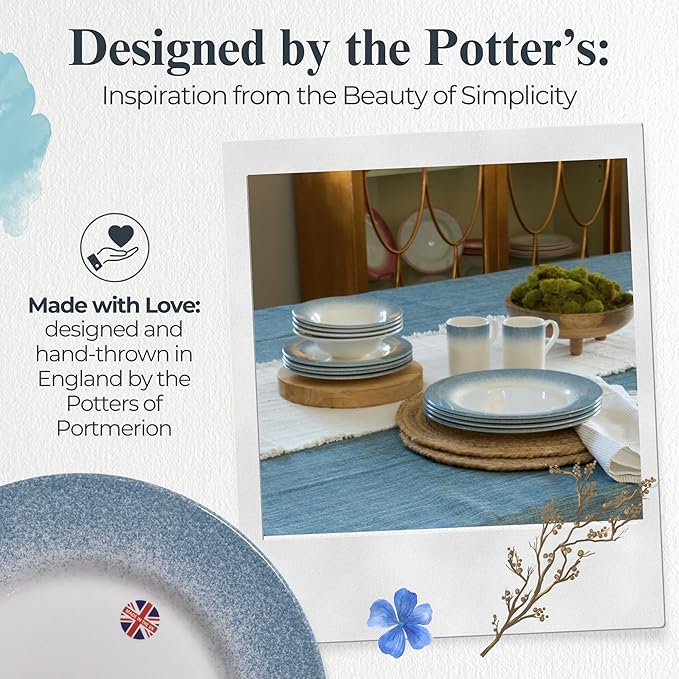 Portmeirion Potter's Mist Dinner Plate (Set of 4) - 8-Inch Stackable Earthenware Plates - Microwave & Dishwasher Safe, Handcrafted Dinnerware for Casual & Formal Table Settings (Blue Mist)