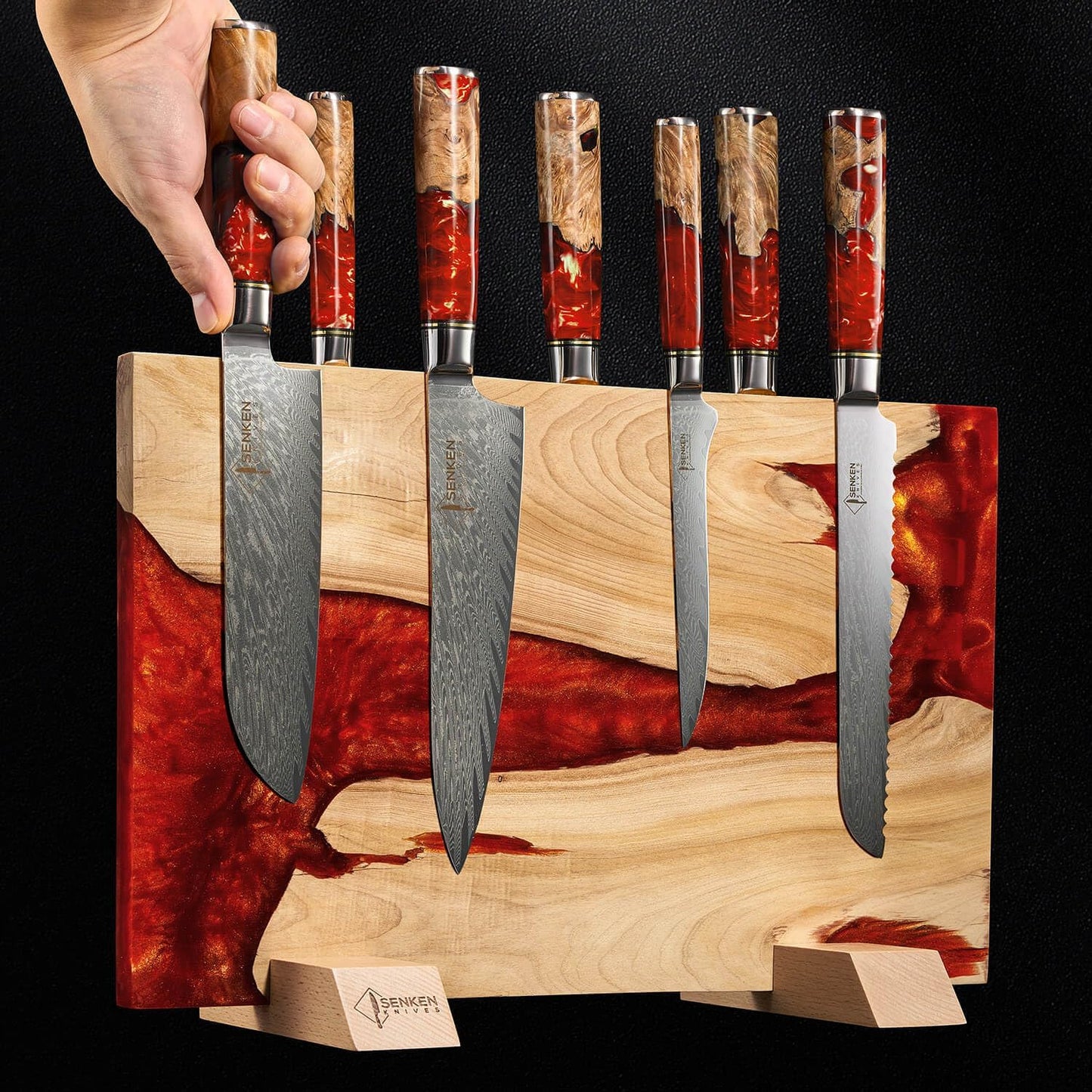SENKEN "Red Tsunami" Extra Large Magnetic Knife Block - Holds Up to 16 Knives - Knife Block without Knives, Universal Knife Holder, Beautiful Red Resin & Natural Wood Blend ("Crimson" Red Resin Blend)