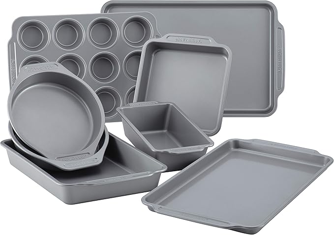 Farberware Nonstick Bakeware Set Includes Cookie Sheets/Baking Cake Muffin and Bread Pan, 8 Piece, Gray