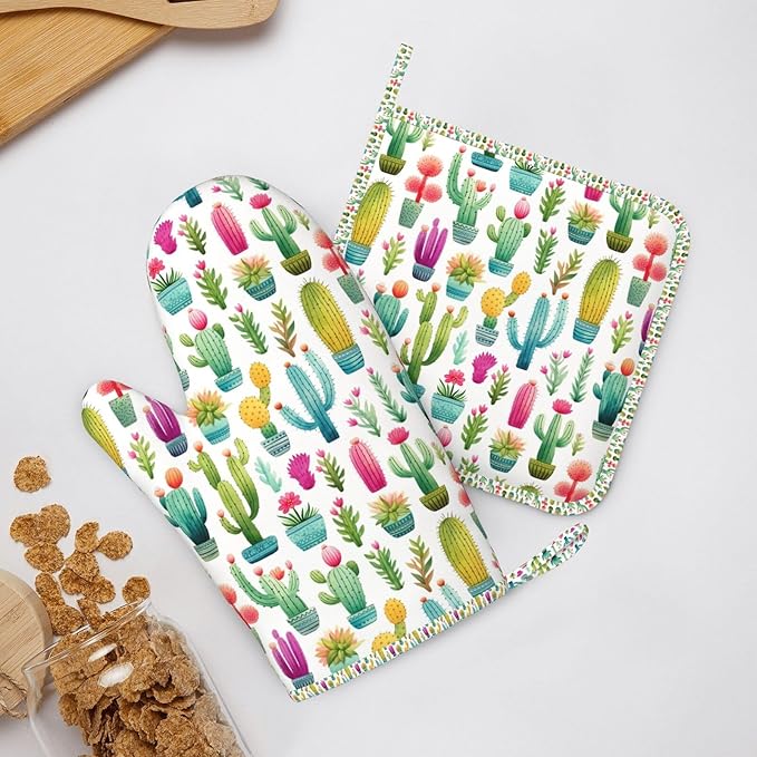 Oven Mitts and Pot Holders Set, Cactus Pattern Watercolor Silicone Kitchen Accessories 4 Piece Heat Resistant Long Gloves Potholder Non-Slip Grip for Chef Cooking Baking Grilling BBQ