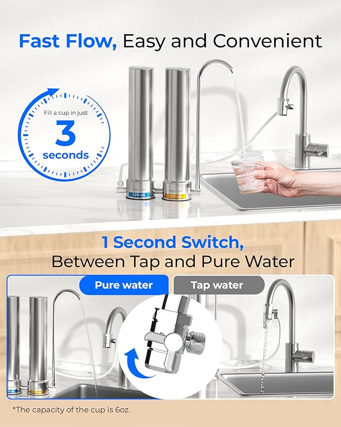 Waterdrop CTF-09 Dual-Stage Silver Ions Countertop Water Filter System, Reduce Chlorine, PFOA/PFOS, Bad Taste & Odor, Silver Ions Enhanced Filtration, Stainless Steel, 2 Filters