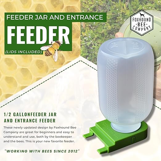 Foxhound Bee Co: Honey Bee Feeder for Beekeeping with Plastic Entrance Feeder and Extra Large Half Gallon Bottle for Feeding Sugar Syrup or Water to Bee Hives - 2 Pack
