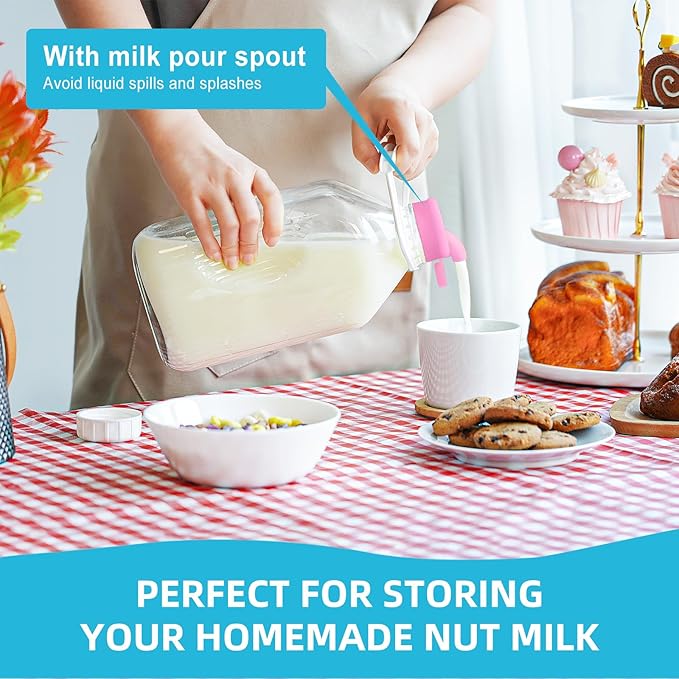 4 Pack 1/2 Gal Glass Milk Bottle with Airtight Lid & 2 Pour Spouts - 64 Oz Heavy Duty Glass Milk Jug, Water Pitchers with 8 Handles and 2 Exact Scale Lines for Juice Breast/Almond/Nut/Oat Milk Sun Tea