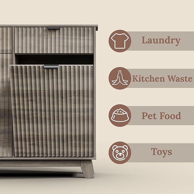 Double Tilt Out Laundry Hamper Cabinet, 20 Gallon Wooden Trash Can Cabinet with Drawers, Hidden Fluted Bathroom Storage Cabinet for Kitchen, Living Room (Wood Grey, 39.34"W x 35.83"H x 13"D)
