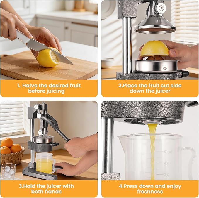 Cast Iron Juicer Manual Hand Press Squeezer for Citrus & Pomegranate – Easy to Clean Metal Juice Press with Stainless Steel Bowl, Ideal for Home Cooks, Health Enthusiasts, and Bartenders