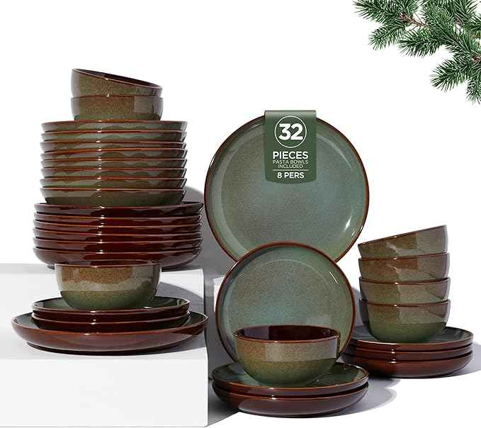 32 Piece Double Bowl Dinnerware Sets with Pasta Bowls, Highly Chip and Crack Resistant Plates and Bowls Sets, Natural Earthyware Ceramic Dishware Sets, Service for 8 Sage Green