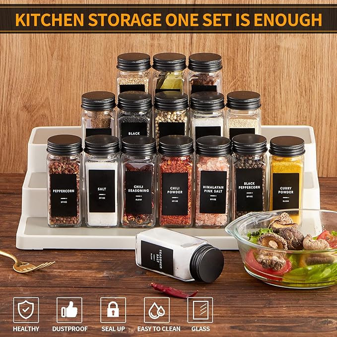 Skiileor 36 Pcs Spice Jars with Label- Glass Spice Jars with Black Metal Caps,Shaker Lids, Funnel, Chalk Pen, 4oz Seasoning Containers Bottles for Spice Rack, Cabinet, Drawer