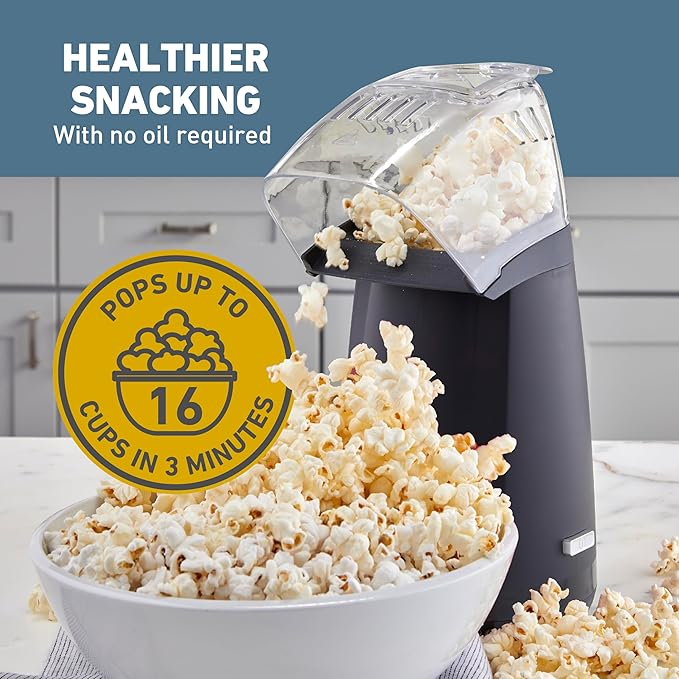 West Bend Air Crazy Hot Air Popcorn Popper Machine 4-Quart Oil-Free Popping for Healthier Snacks Dual-Purpose Measuring and Butter Cup On/Off Switch Compact Design, in Black