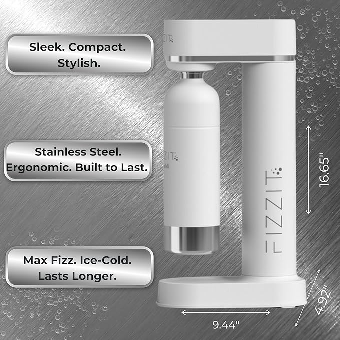 Fizzit Stainless Steel Sparkling Water Maker Bundle | Includes Soda Maker, 2 CO2 Cylinder, & 12-Flavor Variety Pack | Customizable Carbonated Water Machine, Reusable bottle & Eco-Friendly