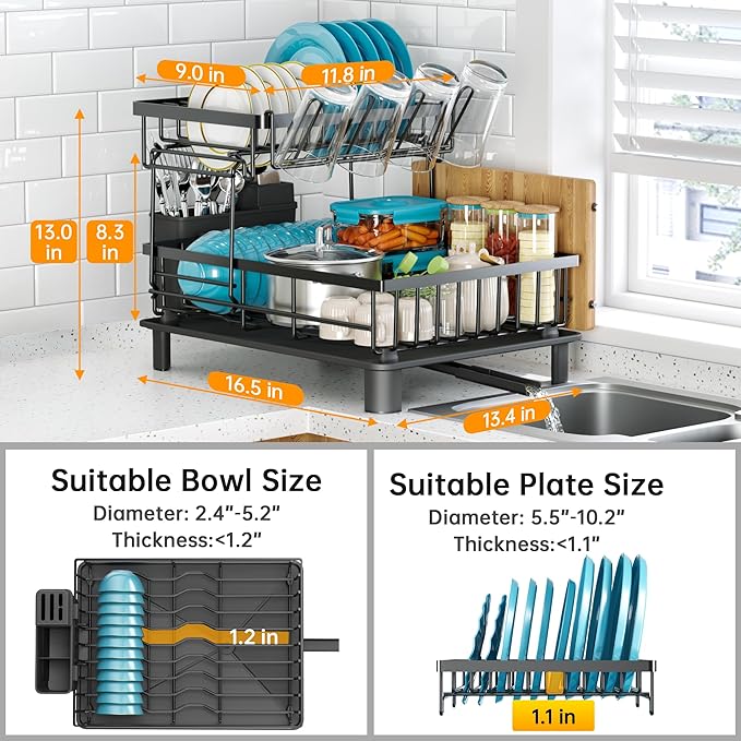 Dish Drying Rack, 2 Tier Dish Racks for Kitchen Counter, Compact Drying Rack Kitchen, Rust-Resistant Dish Drainer, Detachable Space-Saving Dish Rack with Drainboard, Utensil Holder, Black