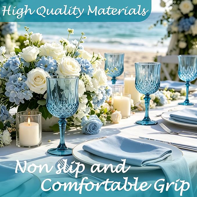 Plastic Wine Glasses, Plastic Goblets Vintage Style Cordial Unbreakable Drinking Glasses, Reusable Drinkware for Wedding Reception, Grand Event Party Supplies (48, Dusty Blue)