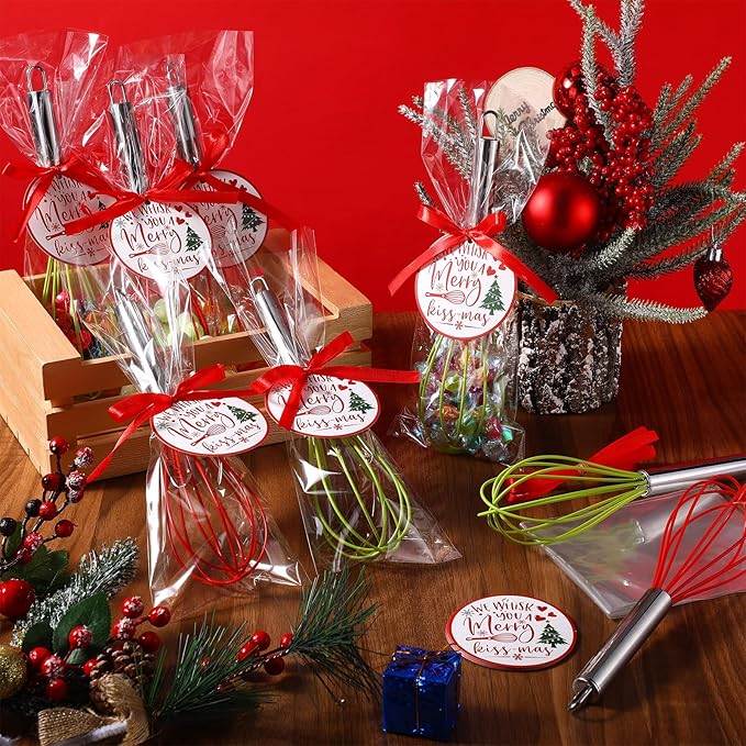 100 Sets 8 Inch Christmas Whisks Gifts DIY Fillable Christmas Tree Ornaments Xmas Colored Silicone Whisks for Cooking Heat Resistant Egg Beaters with Card Rope Bag for Candy Holder